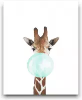 Schilderij  Giraf met Groene Kauwgom - Kinderkamer - Dieren Schilderij - Babykamer / Kinder Schilderij - Babyshower Cadeau - Muurdecoratie - 40x30cm - FramedCity