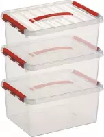 3x Sunware Q-Line opberg boxen/opbergdozen 15 liter 40 x 30 x 18 cm kunststof - A4 formaat opslagbox - Opbergbak kunststof transparant/rood
