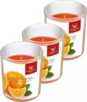 3x Geurkaarsen sinaasappel in glazen houder 25 branduren - Geurkaarsen sinaasappel geur - Woondecoraties