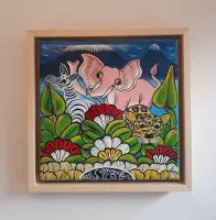 Wanddecoratie - Woonkamer - Olifant - Hidden Danger - Schilderij - Handgeschilderd - in houten baklijst - 20x20cm - Tanzania