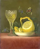 Stilleven met citroen en geslepen glas, Maria Margaretha van Os, 1823 - 1826 op aluminium dibond
