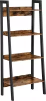 Boekenkast, Boekenplank, Ladderrek met 4 niveaus, staand, metalen frame, eenvoudige constructie, industrieel, vintage bruin-zwart
