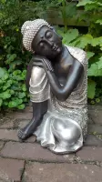 Boeddha Slapend - Beeld - Hoogte 37 cm - Polyresin - Zwart/Zilver‎‎‎‎