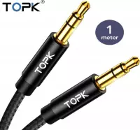 TOPK - AUX Kabel - 1 Meter - Verguld - 24K Gold Plated - Stereo Audio Jack Kabel 3.5 mm - Male to Male - Geweven - Zwart