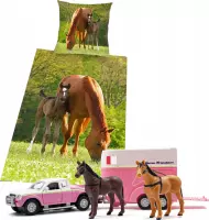 Dekbedovertrek Paard, 135 x 200 cm, Merrie met Veulen , Dekbed eenpersoons - incl. Auto speelset Horse Transport