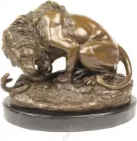 Beeld brons - Leeuw en slang in gevecht - handbeschilderd - 24 cm hoog