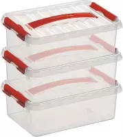 3x Sunware Q-Line opberg boxen/opbergdozen 4 liter 30 x 20 x 10 cm kunststof - platte/smalle opslagbox - Opbergbak kunststof transparant/rood