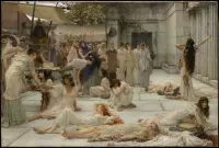 Kunst: De vrouwen van Amphissa van Sir Lawrence Alma-Tadema. Schilderij op canvas, formaat is 45x100 CM