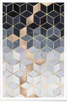 JUNIQE - Poster Soft Blue Gradient Cubes -40x60 /Blauw & Bruin