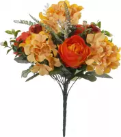 Oranje hortensia/rozen/pioenrozen mix boeket kunstbloemen 35 cm - Oranjetinten - Rosa/Hydrangea/Paeonia - Woondecoratie
