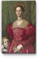 Een jonge vrouw en haar zoontje - Agnolo Bronzino - 19,5 x 30 cm - Niet van echt te onderscheiden houten schilderijtje - Mooier dan een schilderij op canvas - Laqueprint.
