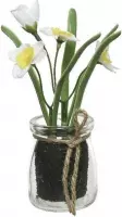 Wit/gele Narcissus/narcissen kunstplant 15 cm in glazen pot - Kunstplanten/nepplanten -  Pasen/voorjaar versiering/decoratie