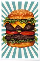 JUNIQE - Poster Double Cheeseburger -20x30 /Blauw & Bruin