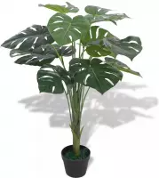Kunst monstera plant - Kunststof - Groen - Met pot van (11,5-16) x 13 cm (ø x H)