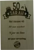 Sarah 50 jaar wandbord (beuken/eikenhout) kan gepersonaliseerd worden.