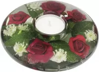 waxinelichthouder met rode bloemen - 5x13 cm handgemaakte glazen waxinelicht houder - sfeervolle windlicht decoratie