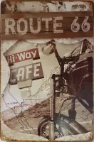 Highway Cafe Route 66 Motor Reclamebord van metaal METALEN-WANDBORD - MUURPLAAT - VINTAGE - RETRO - HORECA- BORD-WANDDECORATIE -TEKSTBORD - DECORATIEBORD - RECLAMEPLAAT - WANDPLAAT