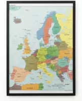 Poster In Zwarte Lijst - Kaart Europa Landen & Hoofdsteden - Educatief - Schoolplaat - Large 70x50