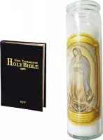 Kaars - Kaarsen - potkaarsen -Maagd Maria van Guadalupe kaars met Holy Bible Engels - Nieuwe Testamentbijbel in zakformaat, King James Version - 80 branduren