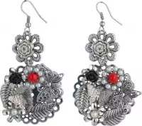 Behave oorbellen hangers zilver kleur rood detail 7cm