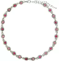 Zilverkleurige bloemetjes ketting met roze steentjes