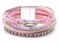 Armband Dames - PU Kunstleer - Schelp - Lengte 19,5 cm - Roze en Zilverkleurig
