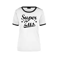 Super zus wit/zwart ringer t-shirt - dames - Verjaardag cadeau shirt S