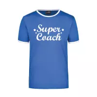 Super coach blauw/wit ringer t-shirt voor heren - Einde seizoen/ verjaardag cadeau shirt L