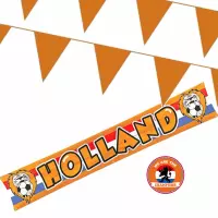 Ek oranje straat/ huis versiering pakket met oa 1x Holland banner 370x60 en 200m oranje vlaggenlijnen - Oranje versiering buiten