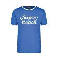 Super coach blauw/wit ringer t-shirt voor heren - Einde seizoen/ verjaardag cadeau shirt S