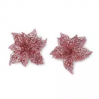 2x stuks decoratie kerstster bloemen roze glitter op clip 18 cm - Decoratiebloemen/kerstboomversiering/kerstversiering