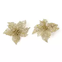 2x stuks decoratie kerstster bloemen goud glitter op clip 18 cm - Decoratiebloemen/kerstboomversiering/kerstversiering