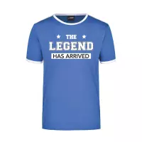 The legend has arrived / de legende is gearriveerd blauw/wit ringer t-shirt voor heren - Verjaardagscadeau L