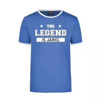 The legend is jarig blauw/wit ringer verjaardag t-shirt voor heren - Verjaardagscadeau shirt 2XL