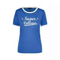 Super collega blauw/wit ringer t-shirt - dames - Afscheid/verjaardag cadeau shirt S