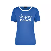 Super coach blauw/wit ringer t-shirt - dames - Einde seizoen/ verjaardag cadeau shirt M