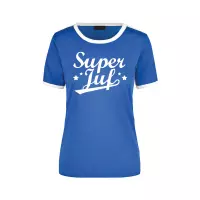 Super juf blauw/wit ringer t-shirt voor dames - Einde schooljaar/ juffendag/ lerares cadeau shirt XL