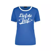 Liefste juf blauw/wit ringer t-shirt voor dames - Einde schooljaar/juffendag lerares cadeau shirt S