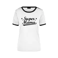 Super mama wit/zwart ringer t-shirt - dames - Moederdag/ verjaardag cadeau shirt S