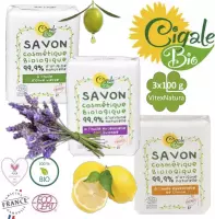 Cigale Bio AKTIE voordeel pakket. Biologische essentiële citroen, lavendel, olijf olie zeep 3x100g. Zonder conserveermiddel - kleur