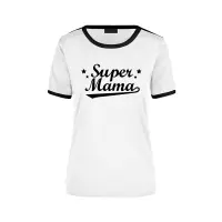 Super mama wit/zwart ringer t-shirt - dames - Moederdag/ verjaardag cadeau shirt L