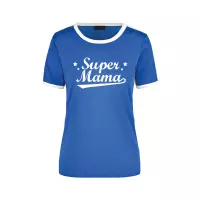 Super mama blauw/wit ringer t-shirt - dames - Moederdag/ verjaardag cadeau shirt S