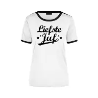 Liefste juf wit/zwart ringer t-shirt voor dames - Einde schooljaar/ juffendag/ lerares cadeau shirt S