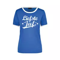 Liefste juf blauw/wit ringer t-shirt voor dames - Einde schooljaar/juffendag lerares cadeau shirt XL