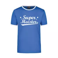 Super meester blauw/wit ringer t-shirt voor heren - Einde schooljaar/ meesterdag/ leraar cadeau L
