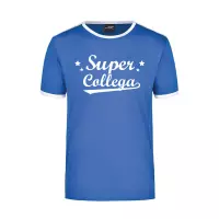 Super collega blauw/wit ringer t-shirt voor heren - Afscheid/verjaardag cadeau shirt S