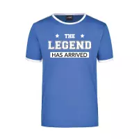 The legend has arrived / de legende is gearriveerd blauw/wit ringer t-shirt voor heren - Verjaardagscadeau S
