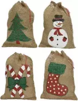 Kerst  Giftbag Jute 4Ass  Snowman - Stocking - Tree - Candy Stick Naturel L0.30-W50.00-H20.00cm