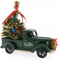 Kerstdecoraties - Metalen Auto Met Kerstboom Groen ''pickup'' 36x16x36cm