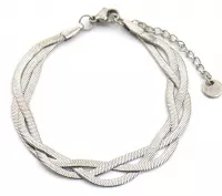 Armband Dames - Gevlochten Platte Schakels - RVS - Verstelbaar 16-21 cm - Zilverkleurig